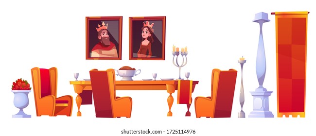 Mesa de fiestas con comida en el comedor del castillo con utensil, goblets y comida. Material interior palaciego medieval, retratos de rey y reina, mobiliario real y columnas de mármol, ilustración vectorial de dibujos animados