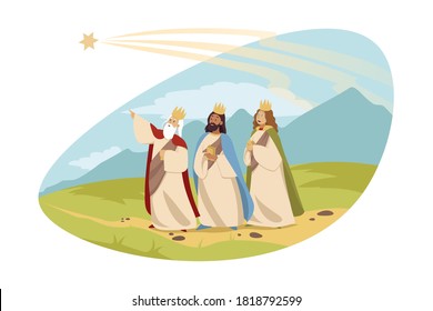 Feast of three kings, religion, bible, chritianity concept. Young men tsars Caspar Melchior Balthasar following star of Bethlehem carrying gifts gold incense and myrrh. Epiphany and catholic holiday.