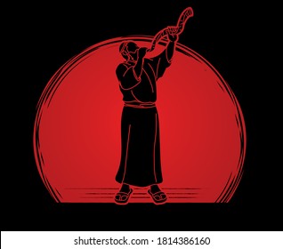 Feast of trumpets. Jewish people blowing the shofar horn cartoon graphic vector