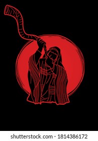Feast of trumpets. Jewish people blowing the shofar horn cartoon graphic vector