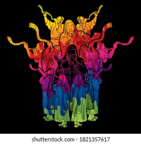 Feast of trumpets Jewish people blowing the shofar horn cartoon graphic vector