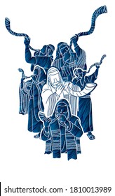 Feast of trumpets.Group of Jewish people blowing the shofar horn cartoon graphic vector