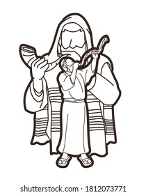 Feast of trumpets.Group of Jewish people blowing the Shofar horn cartoon graphic vector
