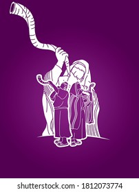 Feast of trumpets.Group of Jewish people blowing the Shofar horn cartoon graphic vector