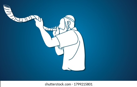 Feast of trumpets.Jewish blowing the shofar horn cartoon graphic vector