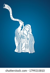 Feast of trumpets.Jewish blowing the shofar horn cartoon graphic vector