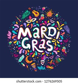 Feast vector hand drawn Mardi Gras text Lettering. Festive badge, logo. Masquerade Party poster greeting card, invitation. Celebration decorate in round shape. Flashes of firework, colorful confetti.