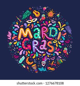 Feast vector hand drawn Mardi Gras text Lettering. Festive badge, logo. Masquerade Party poster greeting card, invitation. Celebration decorate in round shape. Flashes of firework, colorful confetti.