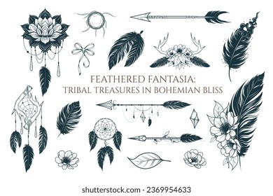 Feathed fantasia: tribal treasures in bohemian bliss. Hand drawn isolated set of ethnic design elements. Vector illustration for tattoo, print and web design.