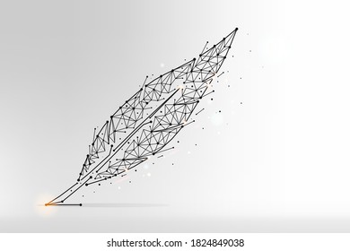 Feather abstract polygonal illustration. Feather made from lines and dots vector illustration on light background