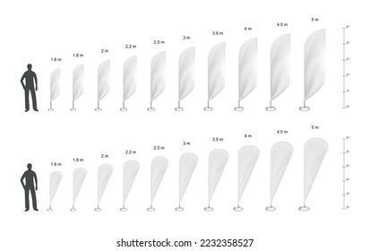 Feather advertising flag mockup realistic set of isolated human body silhouettes and pennons of different size vector illustration