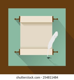 feather and ancient scroll on white