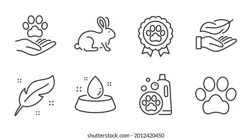 Feather, Animal tested and Pets care line icons set. Pet shampoo, Dog competition and Lightweight signs. Water bowl, Dog paw symbols. Nib pen, Bio product, Shelter. Animals set. Vector