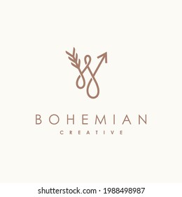 Feather and archer logo with letter W concept, bohemian logo design