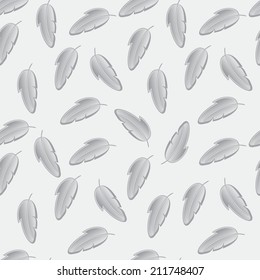 Feather background seamless pattern with randomly scattered soft grey birds feathers in square format, vector illustration