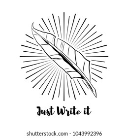 Feather in beams icon. Just write it lettering. Vector illustration isolated on white background