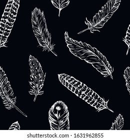 Feather , bird abstract vector chalk seamless pattern on black background. Concept for cards, print, wallpaper, wrapping paper 
