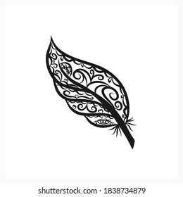 Feather of bird icon isolated on white. Zentagle coloring page book. Vector stock illustration. EPS 10