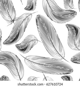 The feather of a bird ,seamless pattern , black white. Vector illustration.