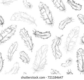 Feather bird seamless pattern. Monochrome black linear pen ink gray texture in boho style for strict interior wallpaper, textile t shirt design paper. Beautiful light tender hand drawn cute love print