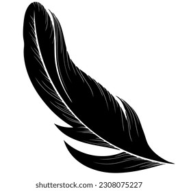 Silueta de pájaro de pluma. Ilustración dibujada a mano por vector negro aislada en blanco. Sencillo estilo plano. Icono flotante de Plumelet
