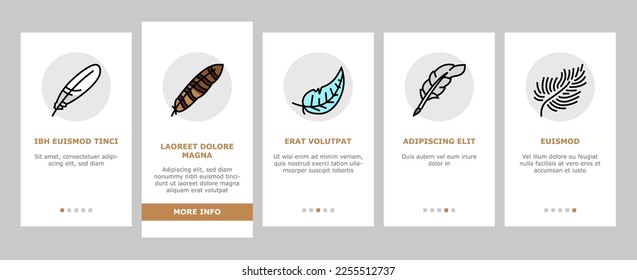 feather bird soft quil fluffy onboarding mobile vector. plume, plumage light, falling angel, fluff swan, lightwell pen, goose ink smooth feather bird soft quil fluffy color line illustrations