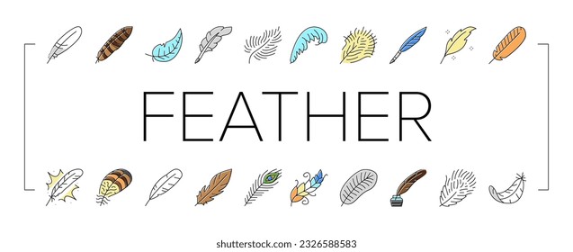 Feather Vogel weiche quil fluffy Symbole setzen Vektorgrafik. Rauch, Absturzlicht, Fallengel, Flauschschwan, Leuchtstift, Gänsepinke, glatter Federvogel, sanfte, flauschige Illustrationen der Farblinien