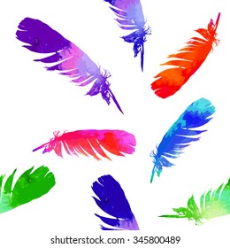 Feather bird watercolor. Seamless background. Vector