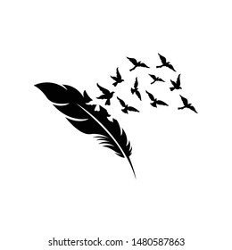 Feather and birds. Black and white vector illustration of stylized feather with silhouettes of flocks of birds