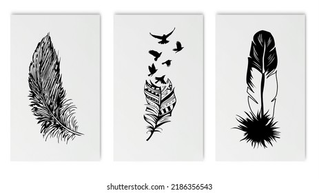 Pluma y pájaros. Ilustración vectorial en blanco y negro de plumas estilizadas con siluetas de manadas de aves. Tatuaje también.