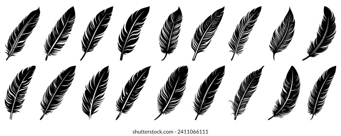 Icono de la pluma negra. Ajuste de iconos de pluma. Varias plumas. Ilustración vectorial.