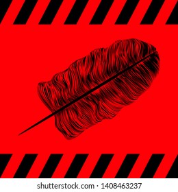Feather black on a red background, vector illustration for design.