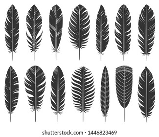 Feather black silhouette set. Quill symbol, simple shape pictogram collection. Pen, bird plume doodle style flat element. Hand drawn design sign. Isolated on white icon concept vector illustration