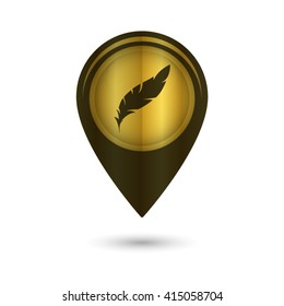 Feather - black vector icon;  golden map pointer