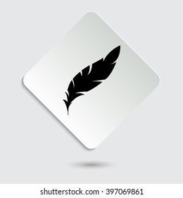 Feather - black vector icon  on a paper button