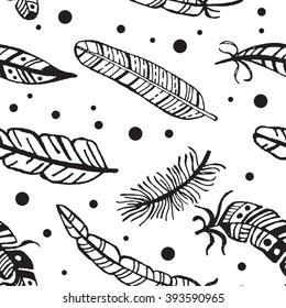 Feather black and white seamless pattern. Hand drawn rustic vector background. Can be used for textile, paper, web design