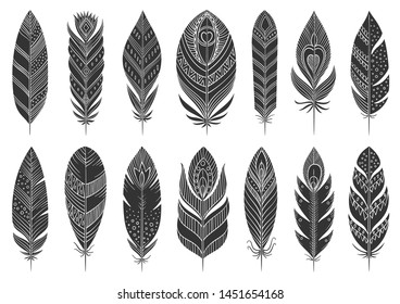 Feather boho black silhouette set. Tribal symbol, simple shape pictogram collection. Ethnic indian, aztec doodle style flat element. Hand drawn design sign. Isolated on white icon vector illustration