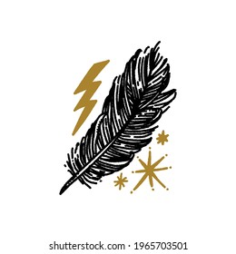 Feather boho magical vintage distressed art symbol or label. Vector illustration