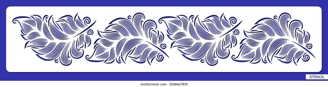 Feather border stencil. White rectangular horizontal panel with decorative stylized leaves, fluffy quill, lace ornament, openwork patterns. Vector template for plotter laser cutting of paper, cnc.