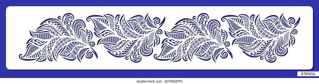 Feather border stencil. White rectangular horizontal panel with decorative stylized leaves, openwork ornament of curls, folk motives, ethnic patterns. Template for plotter laser cutting of paper, cnc.