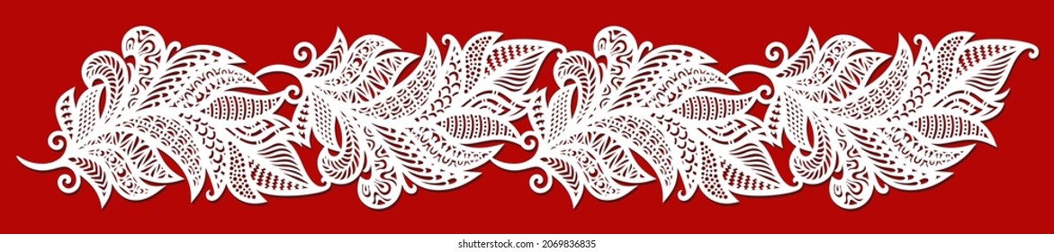 Feather border. Wide horizontal pattern with decorative stylized leaves, openwork ethnic ornament, curls, folk motives. Template for plotter laser cutting of paper, metal engraving, wood carving, cnc.