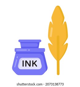 Feather and bottle denoting flat icon of quill ink 