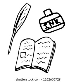 Feather, bottle of ink and a notebook. Vector illustration Hand drawn. 