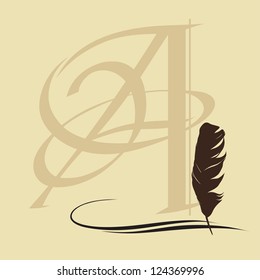 Feather calligraphic pen vector background with letter