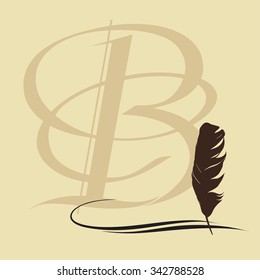 Feather calligraphic pen vector background with letter B