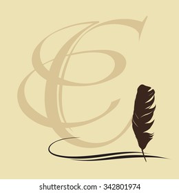 Feather calligraphic pen vector background with letter C