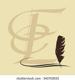 Feather calligraphic pen vector background with letter E