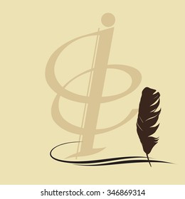 Feather calligraphic pen vector background with letter I