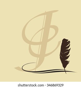 Feather calligraphic pen vector background with letter J