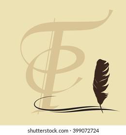 Feather calligraphic pen vector background with letter T